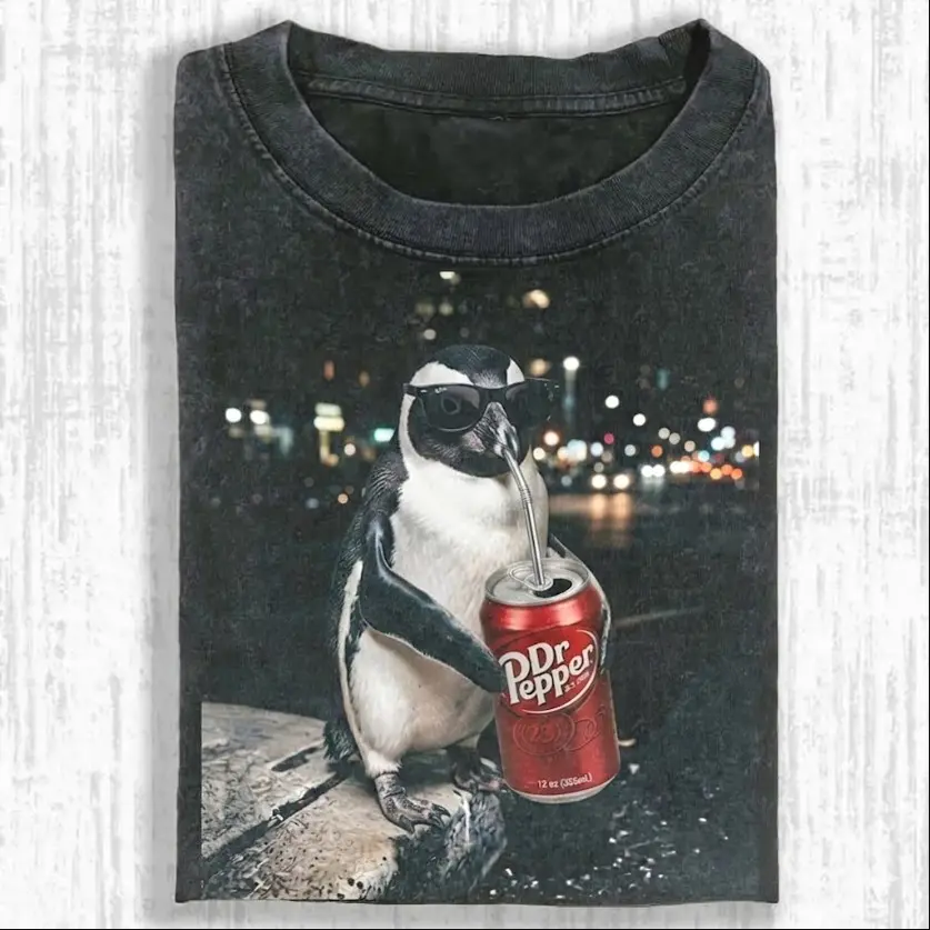 Comfort Colors Funny Penguin Drinking DrPeppper T-shirt, Vintage Penguin Shirt, Wiener Penguin Tee, Sausage Penguin Unisex Tee, Penguin Lover Shirt