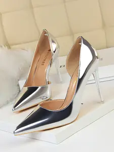 Mirror Metal Stylish Elegant Classy Pointed Toe Stiletto High Heels, Slimming Side Cut Design, Casual Spring & Fall Shoes, Perfect for Street Style and Parties, Fashion Footwear