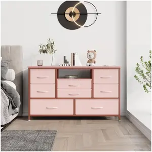 【GARVEE】47'' Wide TV Stand with 8 Deep Drawers, Power Outlet & LED Light, Particle Board & Iron Frame, Adjustable Feet, Pink