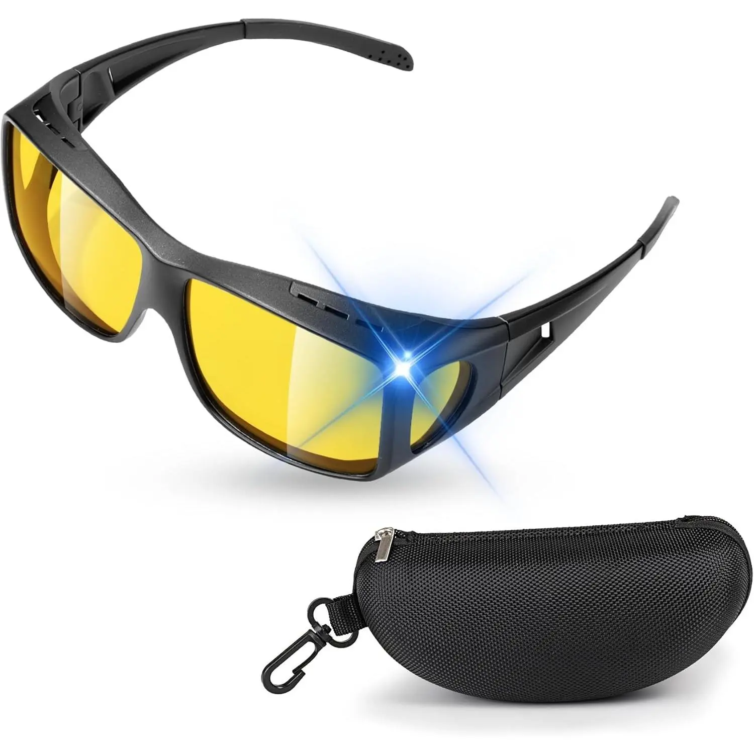 Night Vision Driving Glasses Fit Over Eyeglasses for Men Women | Anti-Glare Polarized Nighttime Glasses, Wraparound Night Vision Glasses for Driving, Yellow Tinted Lens