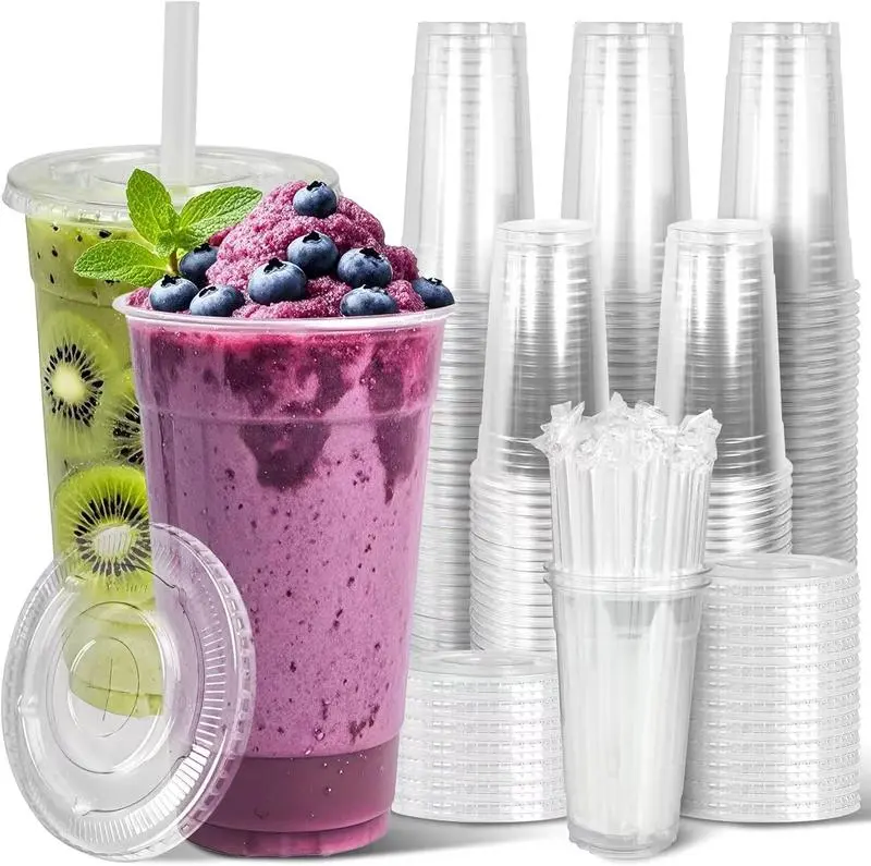 Plastic Disposable Cups with Lids, Straws & Stickers - 50 Pcs for Parties, Bubble Tea Ready, Mixed Sizes: 98mm (24/16/12oz×10 Each), 90U Rim (Clear/Black 16oz×10 Each)