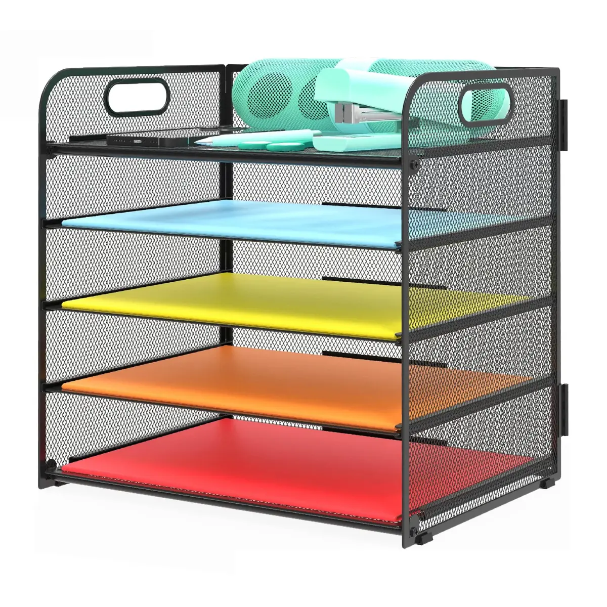 5 Tier Paper Organizer Tray, Metal Desk File Organizer with Handle, Desktop Document Holder for Office Classroom Black