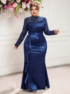 MISSMAY P55611A Plus Size Sequin Floral Lace Contrast Satin Ruffle Trim Split Hem Prom Formal Evening Party Dress, Wedding Guest Gown, New Year Dress, Winter Dress, Homecoming Dress, For Festival, Graduation, Dinner