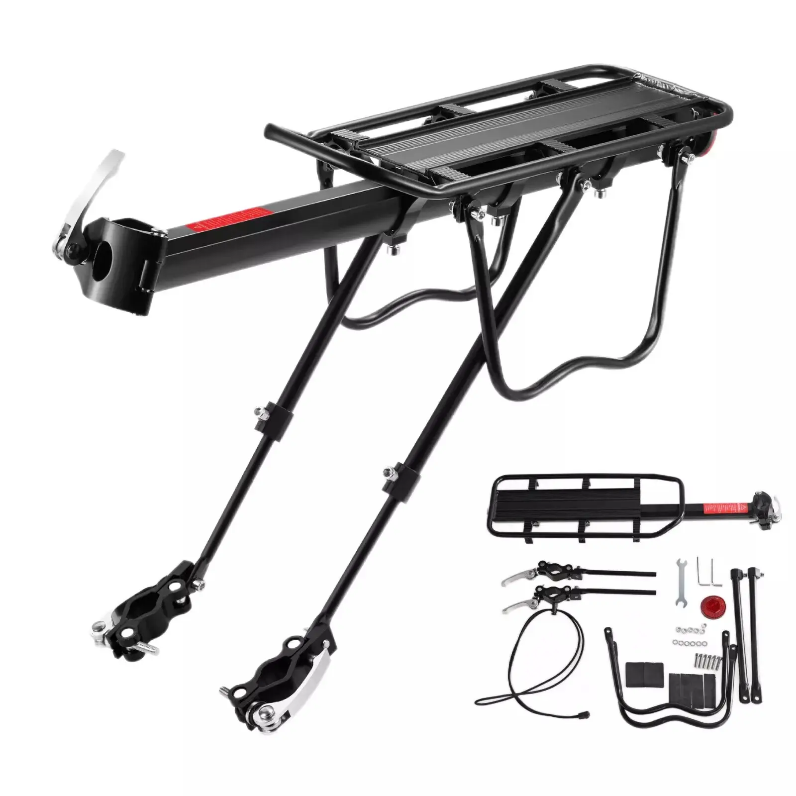 Universal Adjustable Rear Bike Rack - 220 lbs Capacity Cargo Carrier with Frame Stand Footstock, Bike Accessories Including Tools & Reflector, Ideal for Camping & Mountain Biking