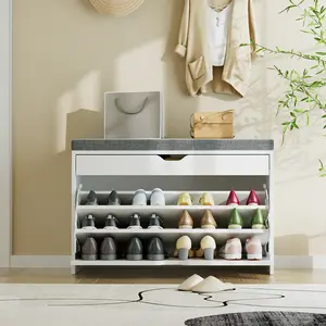 VOWNER Shoe Storage Bench with 3-Tier Flip Drawer, Shoe Rack Bench with Adjustable Shelves & Hidden Storage Space, Shoe Organizer for Entryway, Hallway, Living Room