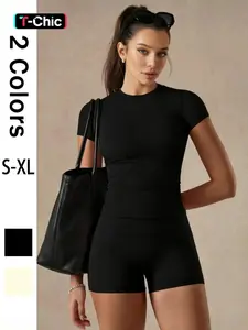 Women's Sportswear Set Sports Clothing Set Round Neck Short Sleeve + High Waist Shorts Breathable Knit Fabric, All-Season Fashion Sporty Set for Running Gym Cycling Hiking