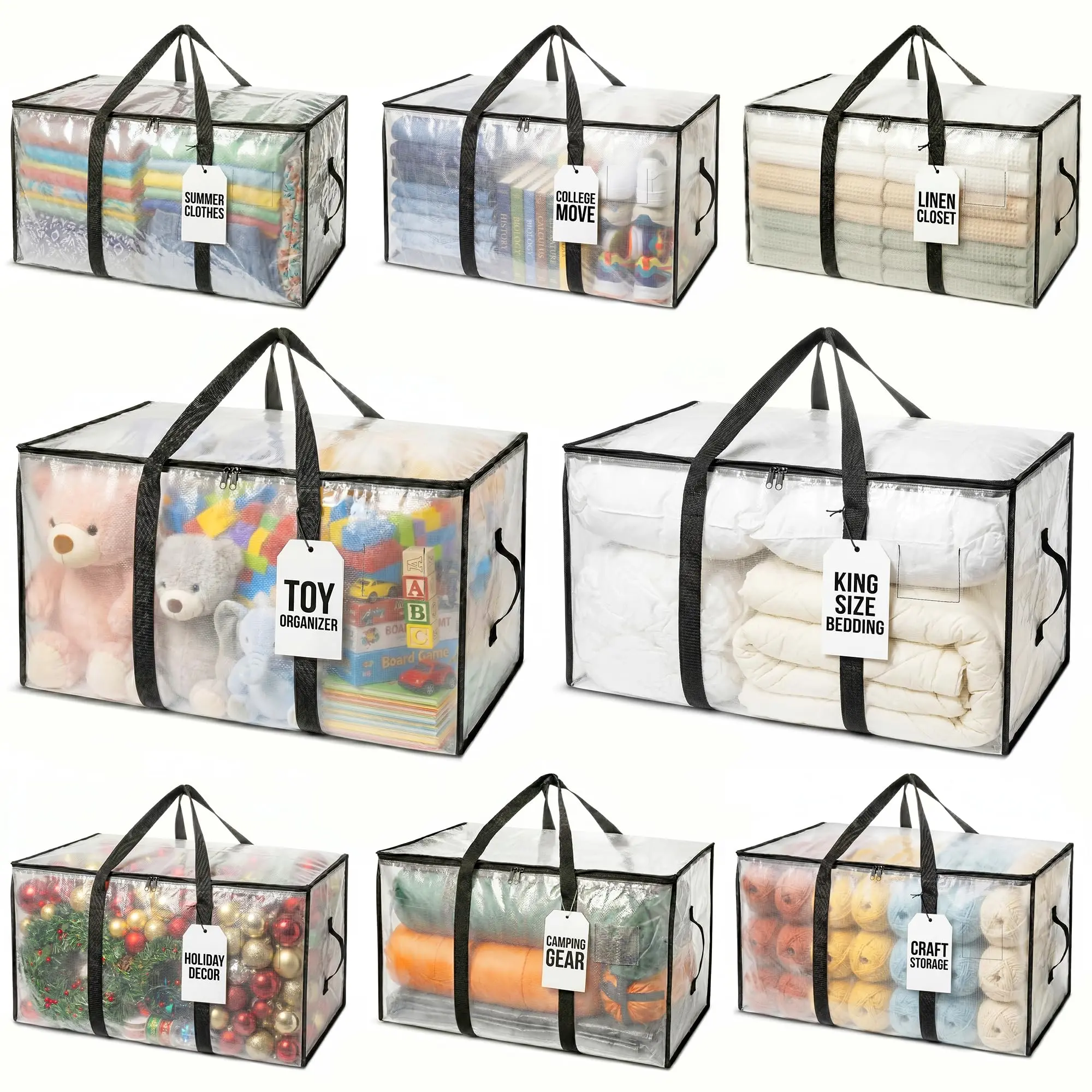 8 Pack Moving & Storage Bags, Clear Lidded Storage Bins, Large Zipper Packing Bags with Backpack Straps, College Dorm Moving Packing Supplies