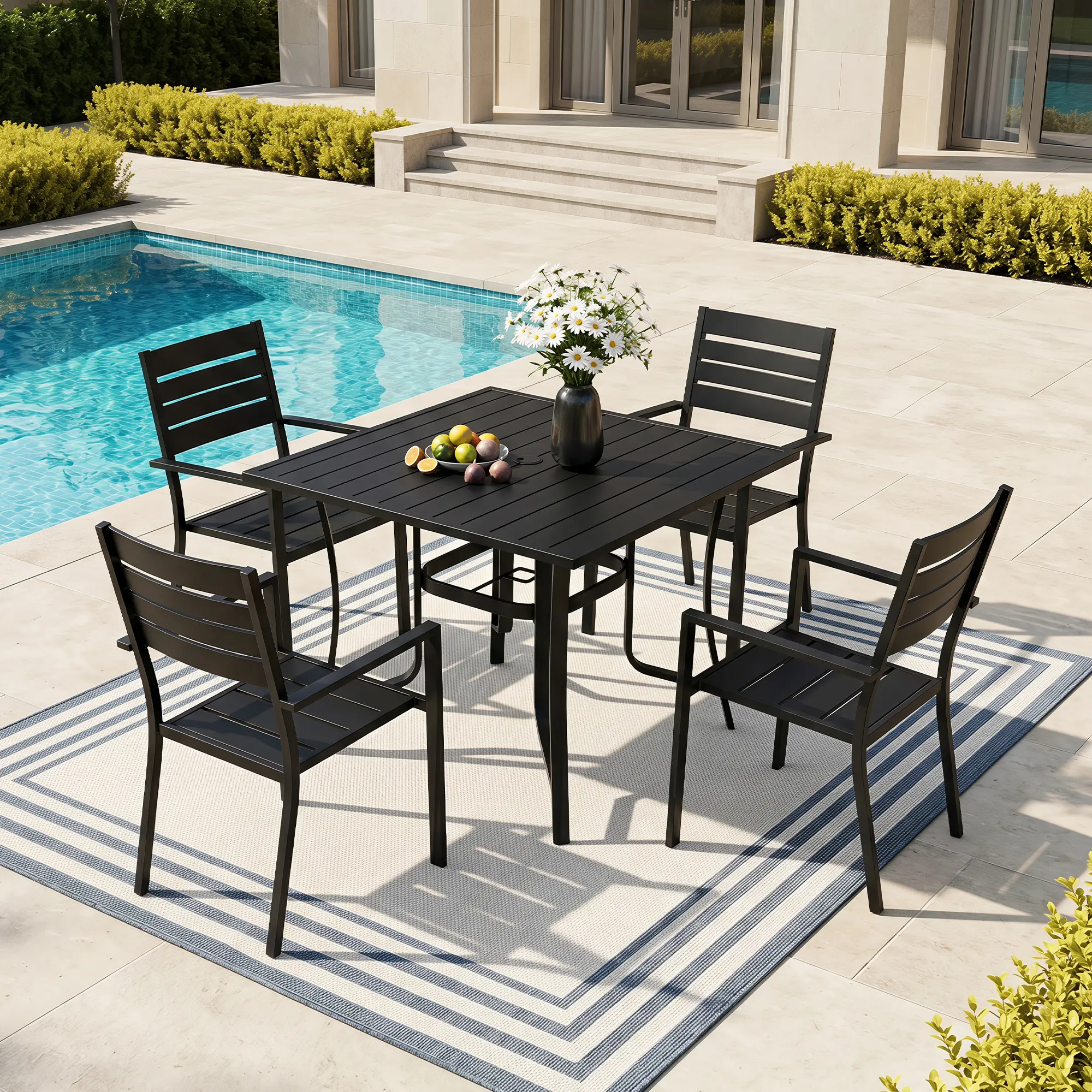 Modern Black Rectangular Metal Frame Outdoor Dining Table - Heavy Duty, Weatherproof, Rust-Resistant Slatted Top Patio Table with Curved Legs for Backyard, Garden Entertaining