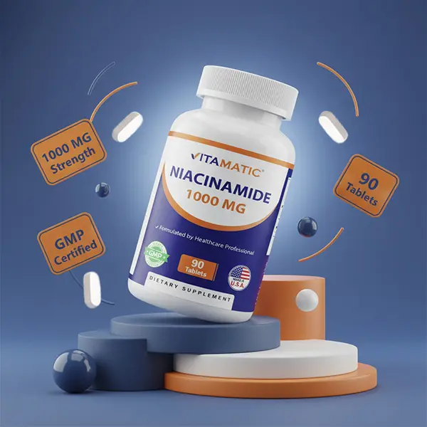 Vitamatic Niacinamide 1000 mg Vitamin B3 Dietary Supplement - 90 Daily Healthcare Tablets, Cellular Energy Support, Essential Nutrients, GMP Certified, Made in U.S.A.