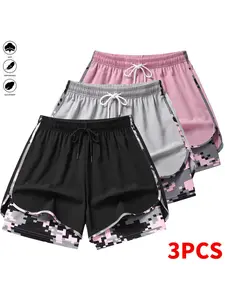 Women’s summer casual three-piece shorts set with built-in lining and a drawstring elastic waistband, suitable for outdoor sports, fitness, running, and everyday wear: women’s shorts; athletic shorts; womenswear.
