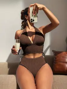 High-elastic polyester and spandex women's bikini set - V-neck tie-up high-waisted swimsuit, knitted fabric details, solid color, sleeveless, suitable for swimming.