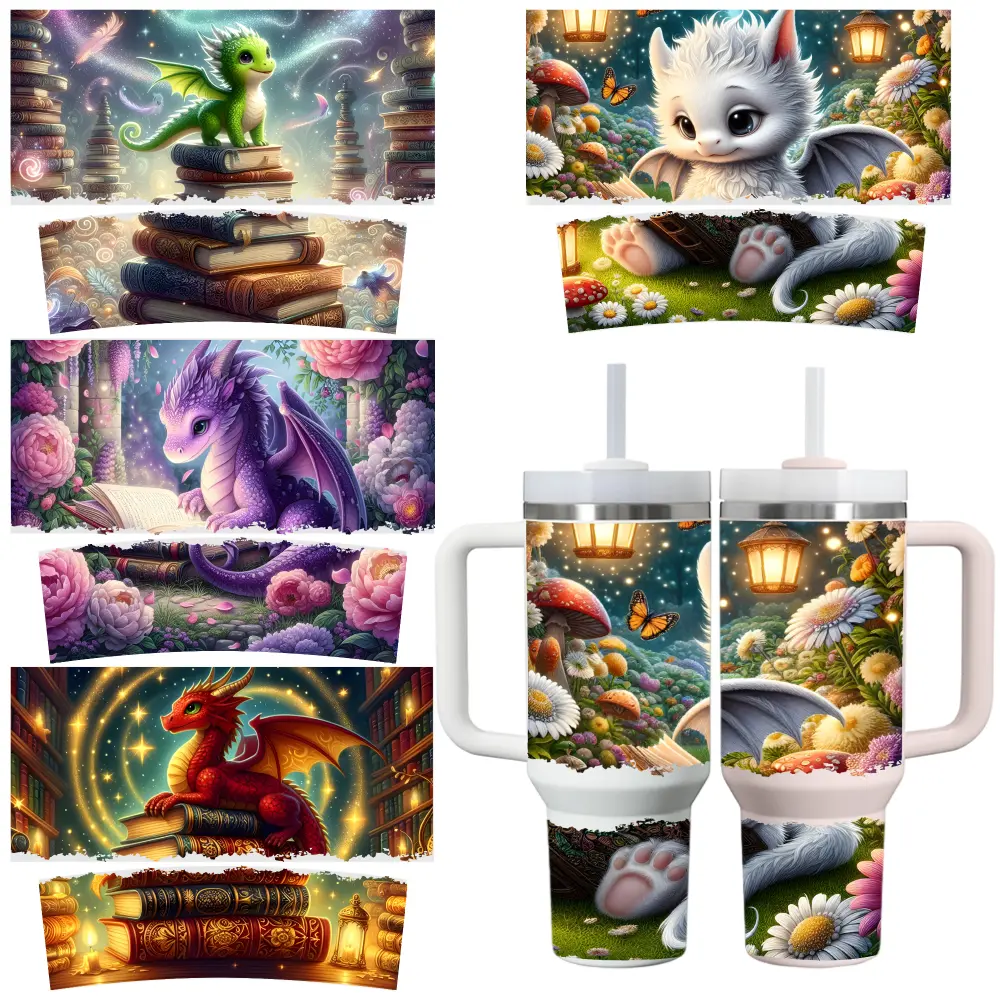 4 Sheets  Dragon Reading UV DTF Stickers for 40oz Tumblers Waterproof DIY Decals Tumbler Jars Wrap Transfer Paper Coffee Mug side  eyes  sticker