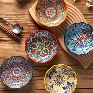 Boho Style Ceramic Dipping Bowl, 4 Counts Colorful Flower Pattern Seasoning Bowl, Household Tableware for Home Kitchen Dining Room