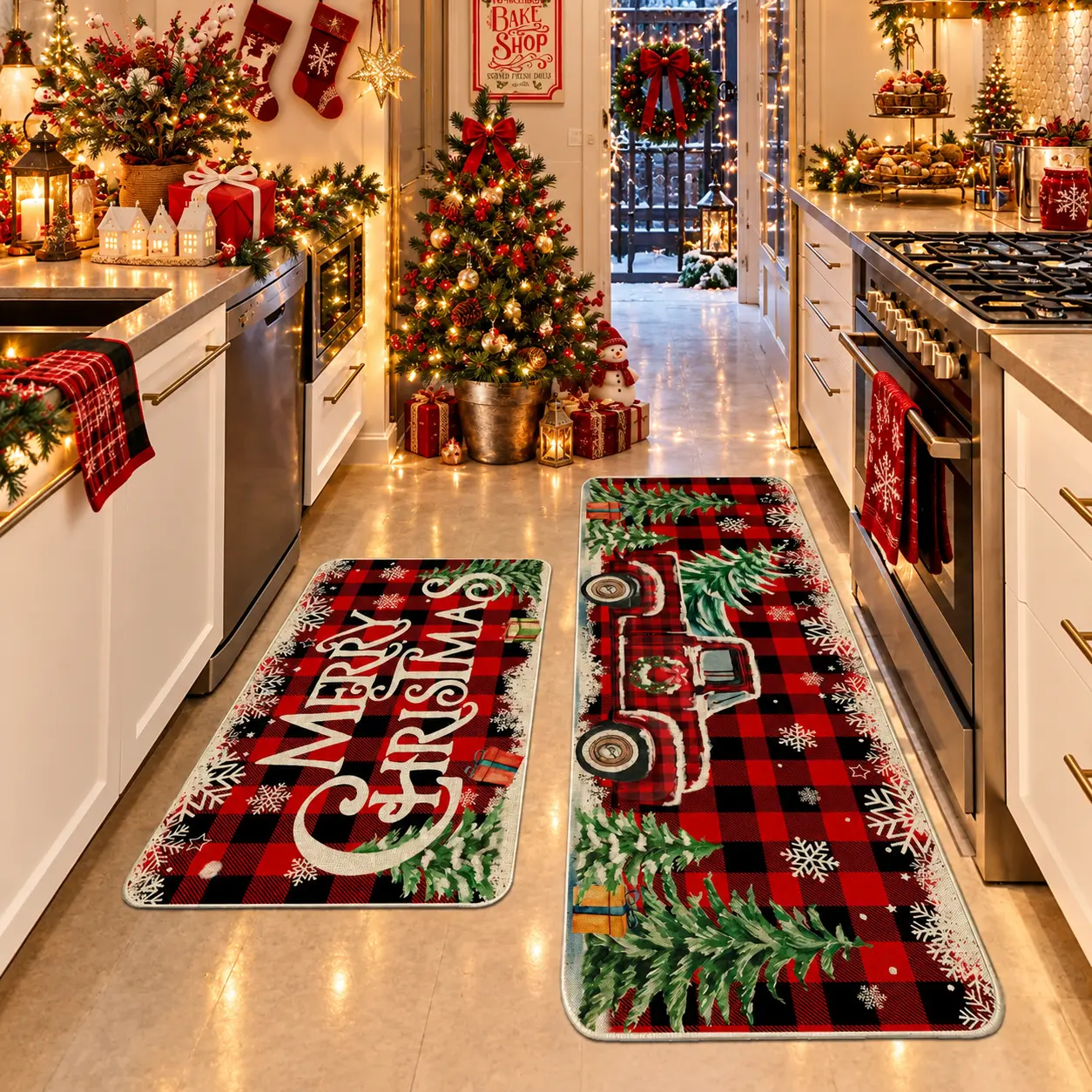 2PCS Farmhouse Red Buffalo Plaid Christmas Kitchen Mat Set - Memory Foam Non-Slip Floor Mats for Kitchen, Laundry Room
