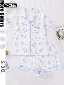 Women's Ocean Beach Printed Sleepwear Set, Short Sleeve Lapel Cardigan Top & Loose Elastic Shorts, Casual All-Season Home Wear, Pajama Set, Pyjamas, Loungewear, Pjs