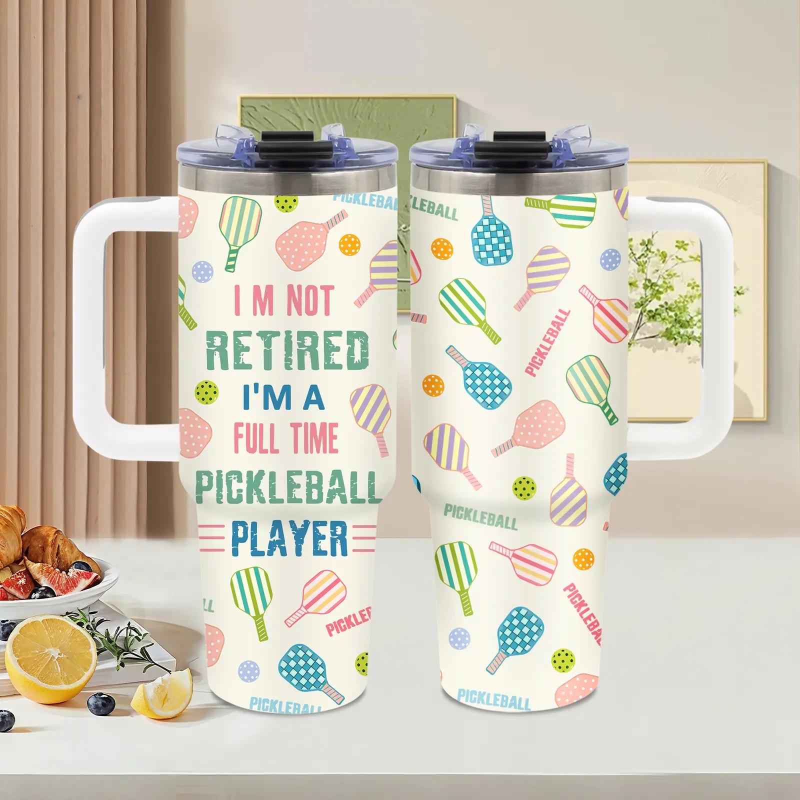 Pickleball Theme， 40oz tumbler with handle， Summer Ice Stainless Steel Vacuum Insulated Travel Mug， colorful paddle pattern design， Pickleball Lover Gift， for gym and travel， Birthday Gift， Water Bottle， Tumbler Gift for Women and Men