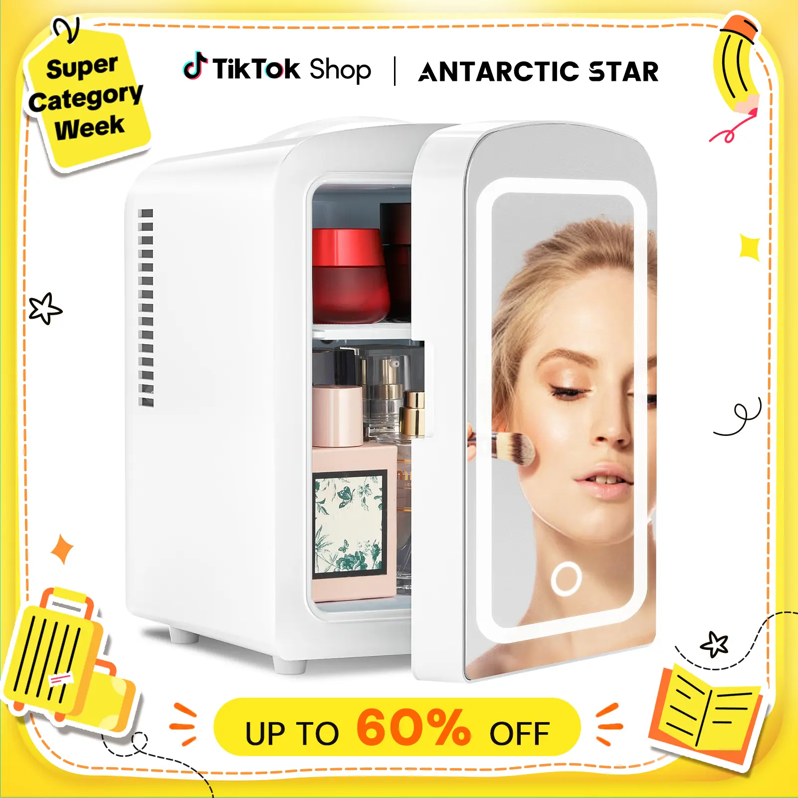 【BackToSchool】Antarctic Star Mini Fridge – 4L/12oz, adjustable-brightness LED mirror, skincare cooling. Stores cosmetics, skincare & food. Portable for bedroom, car, dorm. Eco-friendly, fluorine-free. Note: internal temp varies with ambient temp.