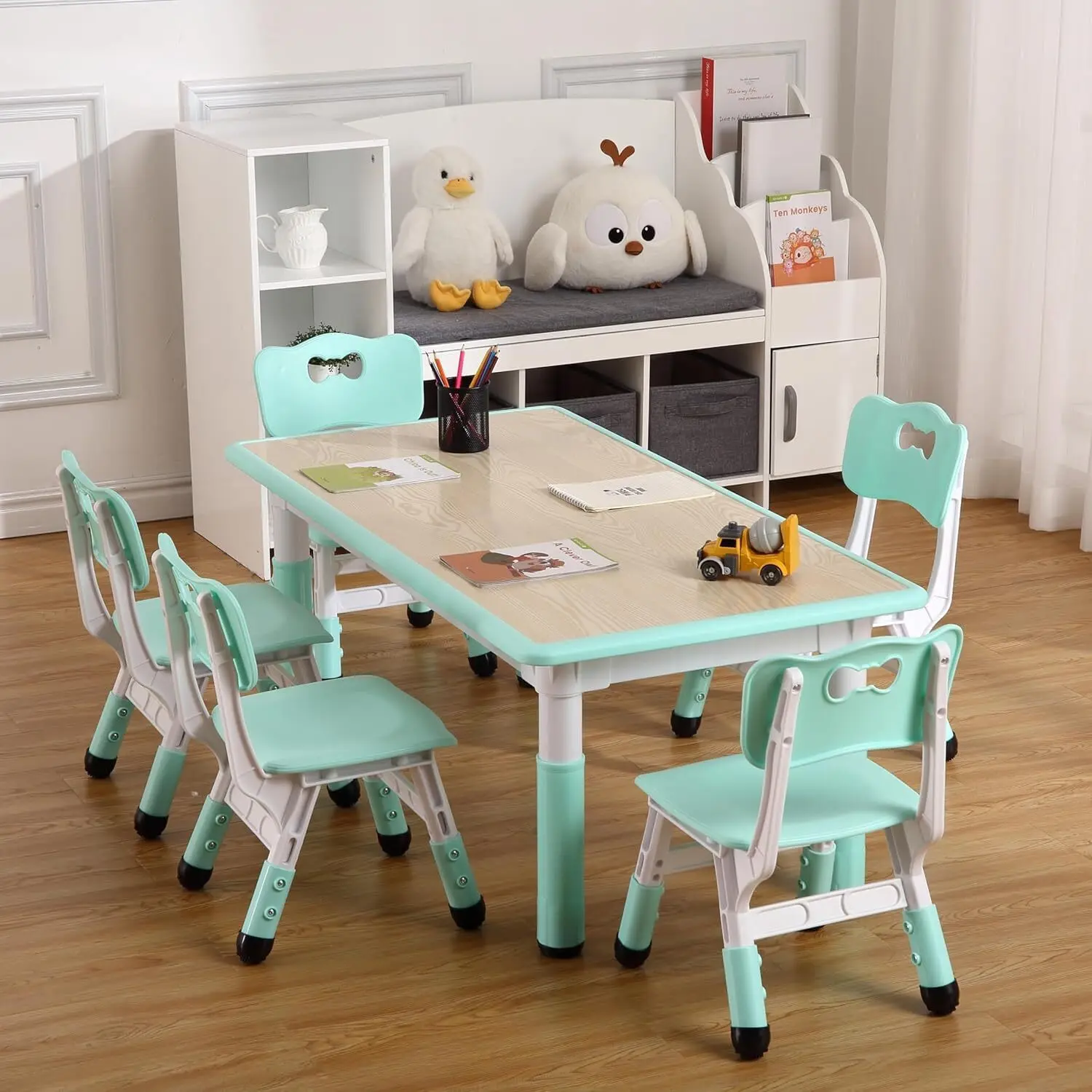Height-Adjustable Children's Activity Table with 6 Seats | Ergonomic 2-10 Yrs Arts & Crafts Desk, Wipe-Clean Graffiti Top, Anti-Tip Legs (Supports 300lbs) - Perfect for Home, School & Preschool