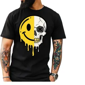 Smiley Skull Face T-Shirt - Bold Yellow and White Design on Black Fabric - Perfect for Unique Style