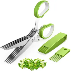 Herb Scissors, Multipurpose 5 Blade Kitchen Herb Shears Herb Cutter with Safety Cover and Cleaning Comb for Chopping Basil Chive Parsley, Stainless Steel Kitchen Scissors, Kitchen Supplies Cutting Kitchenware Green Modern