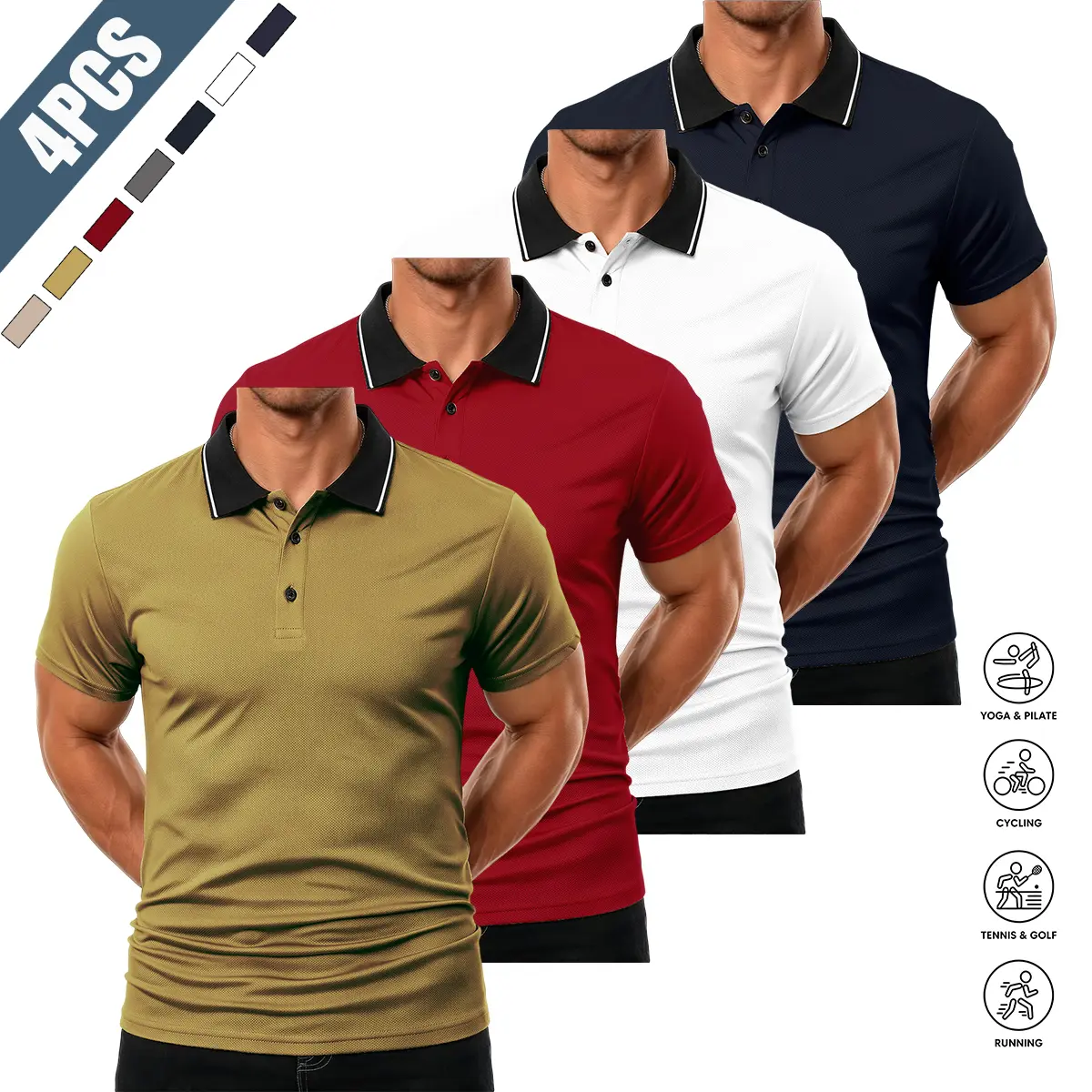 Men’s 4-Pack Contrasting Collar Pique Mesh Quick-Dry Golf Polo Shirts - Short Sleeve, Button Front, Solid Colors, Breathable Slim Fit, Standard Sizes, Casual Office Tops (Bulk Pack)