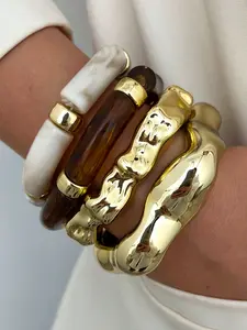 4-Piece Boho Style Women's Wave Shape Ccb and Resin Bangle Set, Elastic Band Bracelets, Perfect for Daily Wear and Gifts, Stackable Bracelets, Stacking Bangles