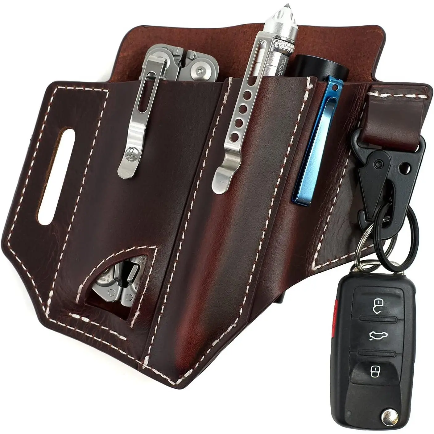 Full Grain Premium Leather Compact EDC Tool Sheath - Belt-Mount, Drawstring, High-Quality Threading, Easy Access Portable EDC Organizer with Pen Holder, Flashlight Holder, Key Fob Clip, Leatherman Pouch