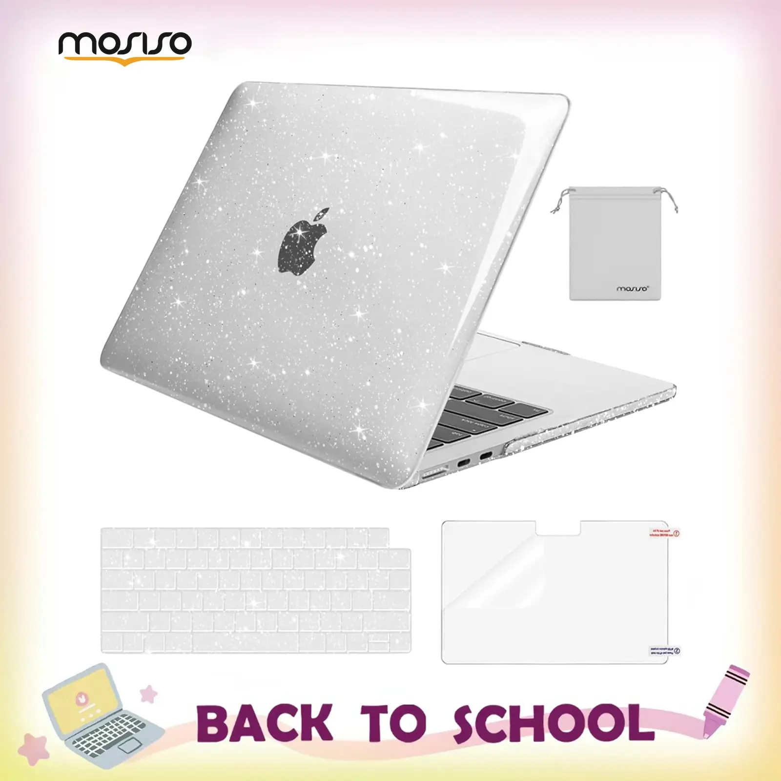 MOSISO Glitter Cover Compatible with MacBook Air 13 inch Case M5 2026 M4 2025 M3 M2 2024-2022 A3449 A3240 A3113 A2681, 4 in 1 Kit Bling Sparkly Hard Shell for MacBook Air 13.6 inch Case, School, Office, Screen Protector, Water Resistant, Plastic