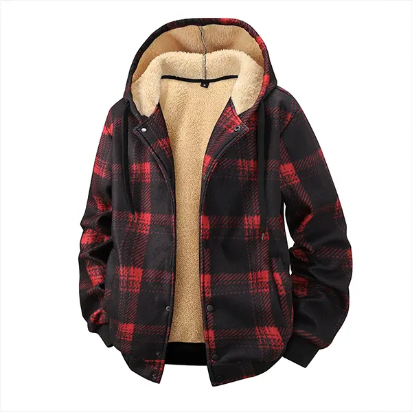 Men's red and black plaid fleece-lined hooded jacket - warm and cozy jacket with fleece lining and patterned print, perfect for cool weather