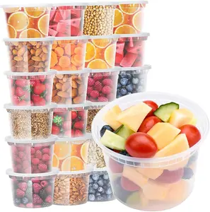 Set of 24, 16 oz deli containers with matching lids, designed for versatile food storage. These plastic soup containers are safe for the microwave, freezer, and dishwasher. They are eco-friendly, BPA-free, reusable, and stackable for easy organization