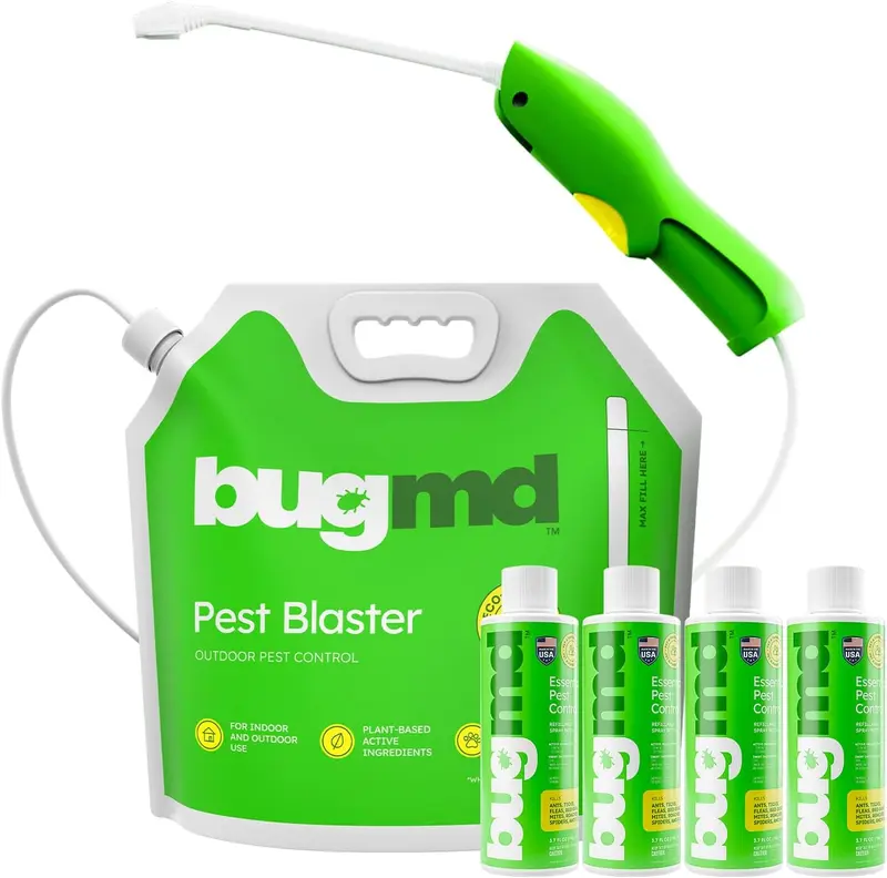 BugMD Pest Blaster Kit Rechargeable - 4 Pack Essential Oil Concentrates & 1 Spray Bottle for Ants Fleas Roaches Indoor Outdoor Plant-Based Solution
