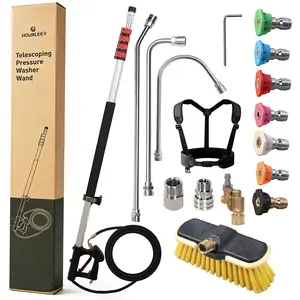 Hourleey 24 FT Telescoping Pressure Washer Wand, Power Washer Extension Wand with Brush Head, Gutter Cleaner, 3 Curve Wands, Adjustable Support Belt, Pivoting Coupler, 7 Spray Nozzles, 4000 PSI