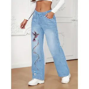 Women's Sky Blue Printed Straight-Leg Jeans - Smooth Denim with Medium Stretch & Elastic Drawstring Waistband, Machine Washable All-Season Casual Pants, Floral Print Design
