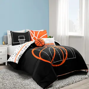 Lush Decor Basketball Game Reversible Oversized Comforter 4/5Pc Set for Youth Fans - Soft Microfiber Bedding with Court Graphic & Sports Theme Decorative Pillows