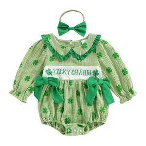 St. Patrick's Day Baby Girl Outfit Lucky Charm Bow Romper Bodysuit Ruffled Collar Shamrock Print Long Sleeve Jumpsuit Irish Clothes