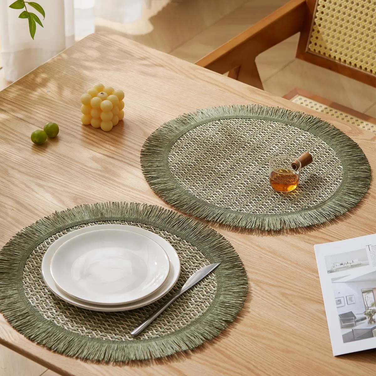 Boho Style Round Placemat, 4 Counts/set Non-slip Heat Resistant Placemat, Table Mat for Home Kitchen Dining Room Indoor, Coasters, Tableware, Boho Placemats