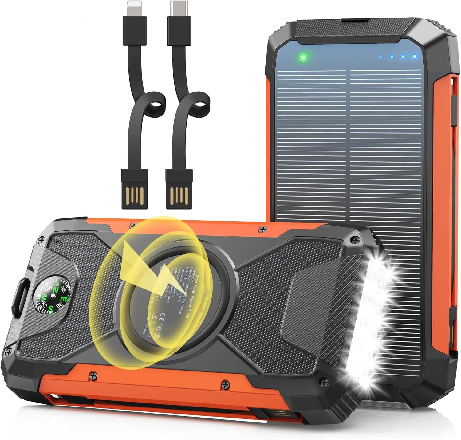 Solar Power Bank 30000mAh Wireless Charger QC Fast Charging Solar Charger Power Bank 4 Outputs 2 Inputs Solar Portable Charger Compatible with All Mobile Devices,SOS/Strobe/Strong Flashlights Phone Sun