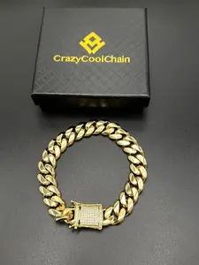 14mm Gold Plated Miami Hip Hop Cuban Bracelet, Cuban Link Bracelet, Cuban Chain Bracelet, Durable 5 Layered Design, Zirconia Clasp, High-Quality Jewelry Accessory