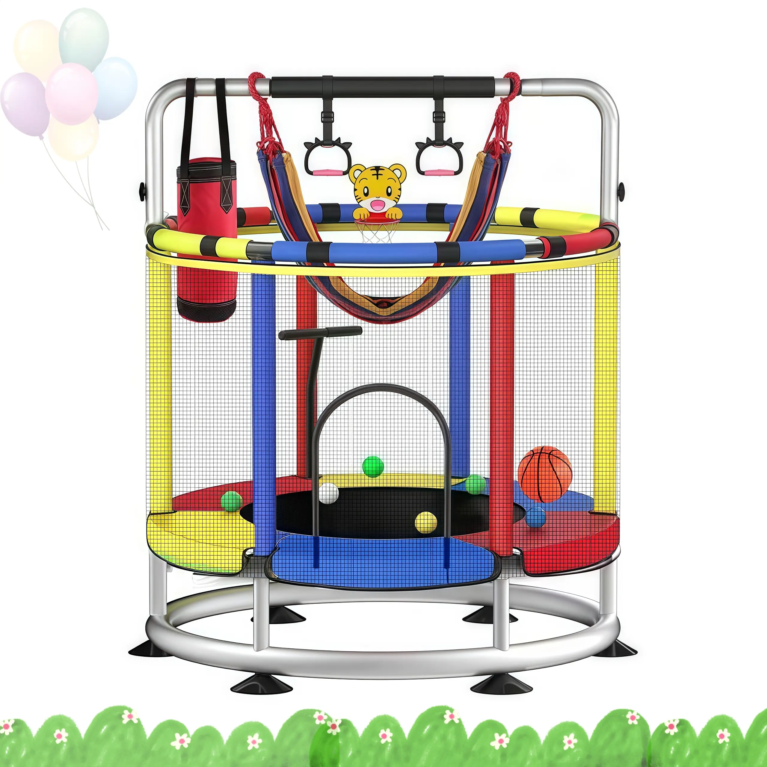 Mini Round Trampoline for Kids with Basketball Hoop, 55'' Indoor Outdoor Toddler Trampoline with Enclosure Net, Swing, Sandbag, Ring, Ocean Balls, Small Trampoline Gift for Boys Girls，summer finds， Playroom Colorful
