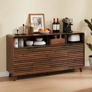 【CategorySelect】ONBRILL 61-in Modern Sideboard Buffet Cabinet - Curved Edges, 4 Doors, Open Storage Shelf, Adjustable Shelves, Wave Panels, Wall Fixing Base for Kitchen, Living Room
