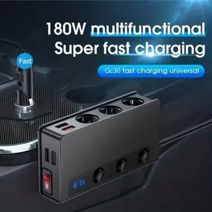 1pc 180w Car Charger, 1 to 3 Cigarette Lighter Interface, 4 USB Ports with Voltage Display, Fits 12/24v Cars, Qc3.0 Fast Charging