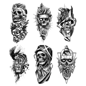 Modern Olive Fake Temporary Tattoo Stickers, 6 Sheets (7.5x3.5 in) Black Waterproof Half-Sleeve Body Art for Adults, Halloween Fun Designs (Tiger, Skull, Skeleton), Safe Ink for All Skin Types