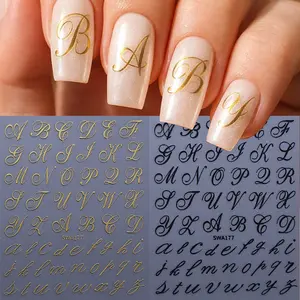 2 pcs Golden Black & Red Blue English Letter Nail Stickers, Artistic English Alphabet DIY Nail Decals, Manicure Decoration Nail Accessories Supplies