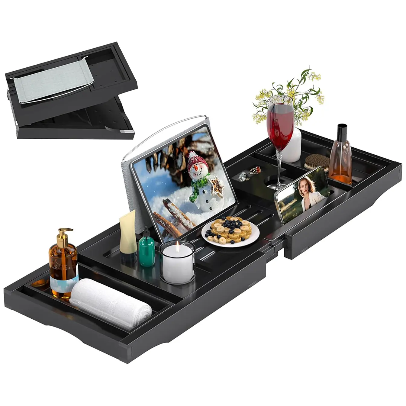 Eco-Friendly Bamboo Bathtub Caddy Tray - Foldable Bathroom Organizer Supplies with Book & Wine Glass Holder, Expansible Bath Shelf for Spa Time, Holds Book and Glass Within Reach