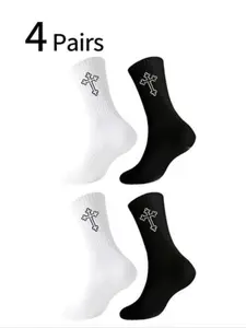 4 Pairs Men's Sports Socks, Cross Design, Spring Summer, Basketball Socks, College Style, Comfortable Soft, All Seasons