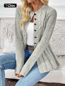 Women's Button Front Cable Knit Crew Neck Long Sleeve Cardigan Sweater, Casual Fall Winter Lightweight Flowy Pleated Hem Fashion Stylish Cozy Soft Knit Cardigan, Solid Color Loose Fit Autumn Knitwear, Women Fall Outfit