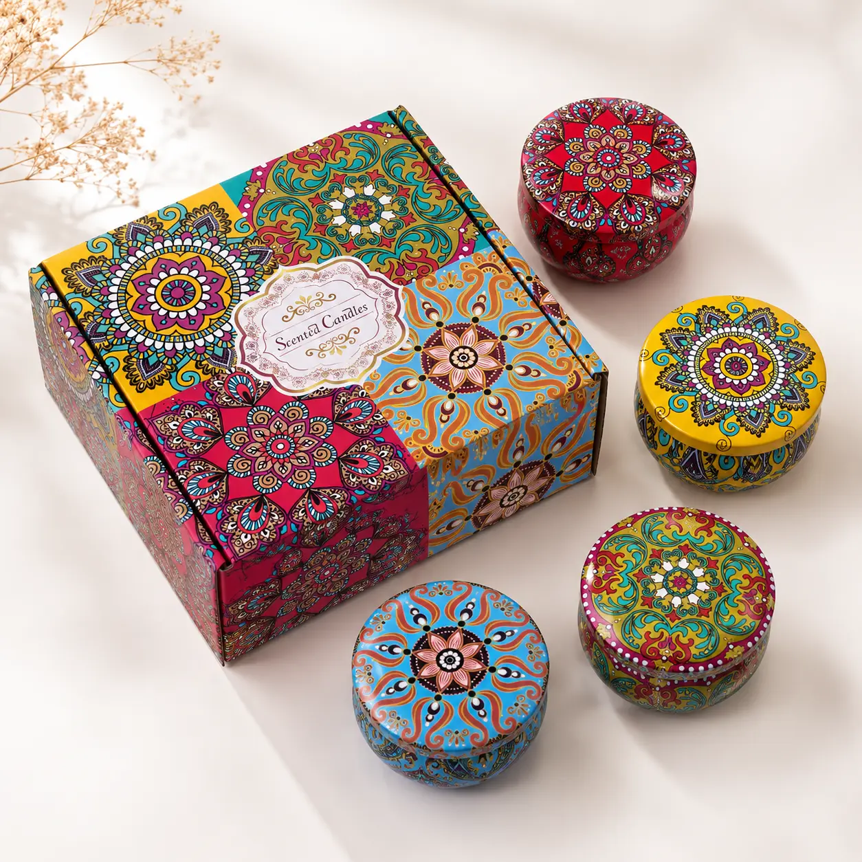 Soft Boho Mandala Aromatic Bean-Based Boxed Tin Candles Gift Set - 4-Pack Soy Wax Candles with Dried Rose Petals, White Peach, White Tea, Coconut Milk, Cedar Forest Scents, Gift-Ready Box for Women, Home Ambiance Decor, Aromatic Candles