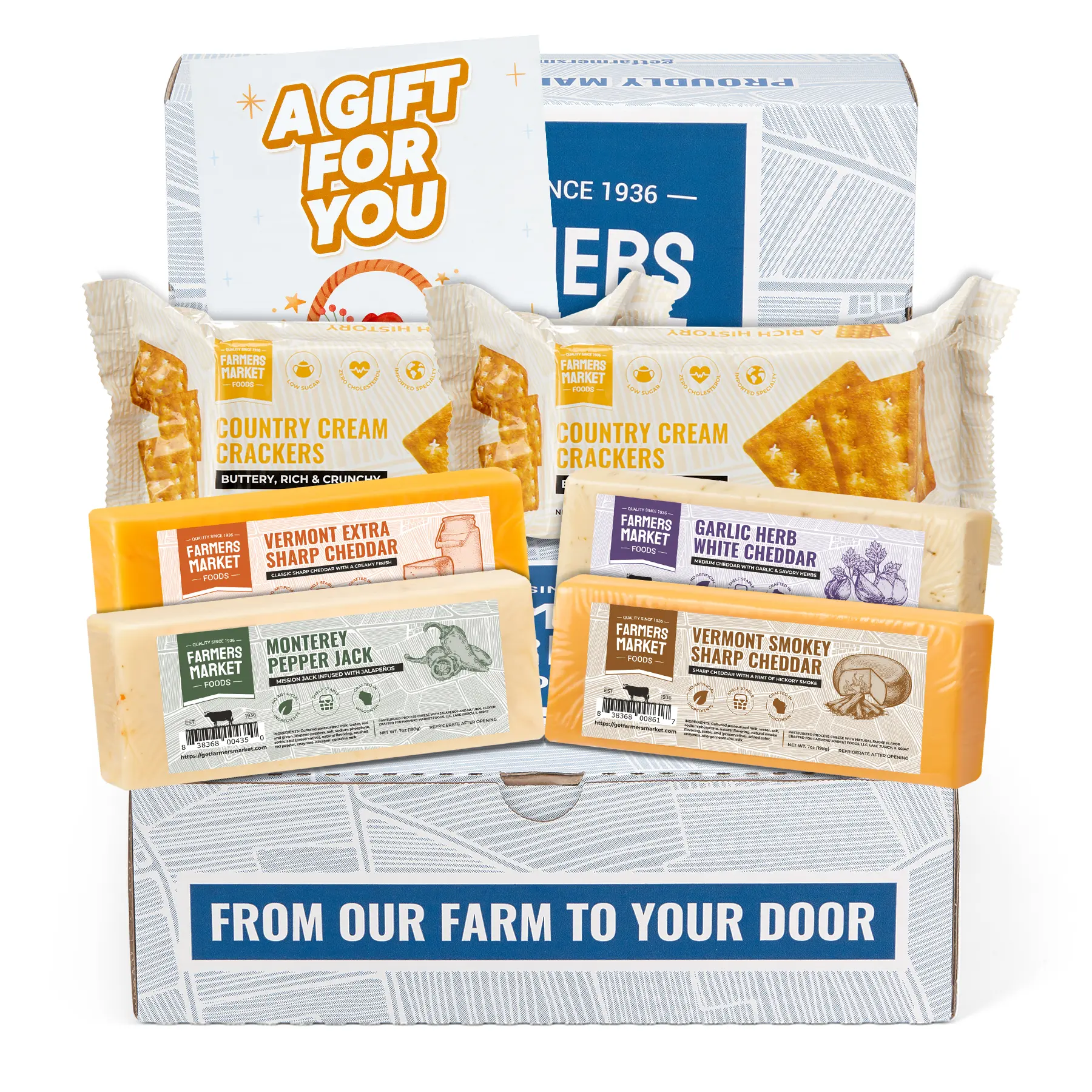 Farmers Market Cheese Gift Basket Assortment – Wisconsin Cheese Gift Set with Crackers , Keto Friendly, Low Sodium, Zero Sugar Snack Box, Gourmet Cheddar & Pepper Jack Gift