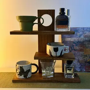 Vintage Wooden Tea Rack, Small Desktop Design, Staircase Style, Holds Teacups and Tea Sets, Storage and Display, Elegant Practical
