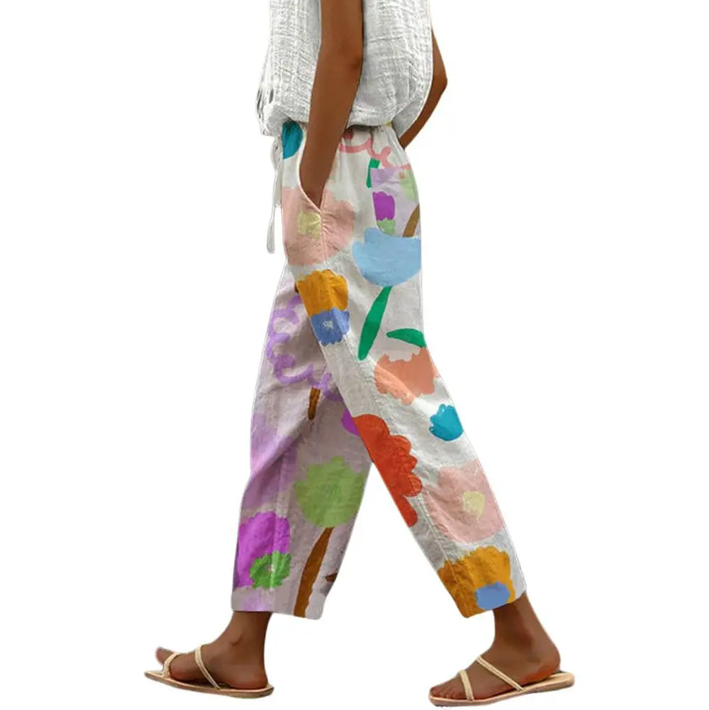 CHOUYATOU Women's Vintage Floral Print Wide-Leg Pants, Casual Comfy Stretchy High Rise Capri Bottoms with Drawstring Waist and Pockets, Bottom, Comfy Pants